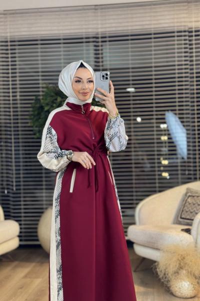 25112-1 Kol Ve Yanları Leopar Desenli Elbise Bordo