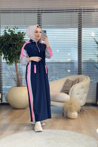 25112 Yanları Kalın Şerit Detaylı Elbise Lacivert