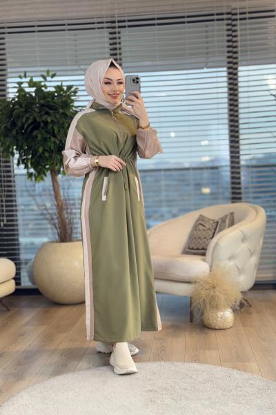 25112 Yanları Kalın Şerit Detaylı Elbise Haki