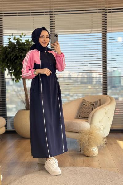 25113 Omuz 3 Sıra Şerit Detaylı Elbise Lacivert