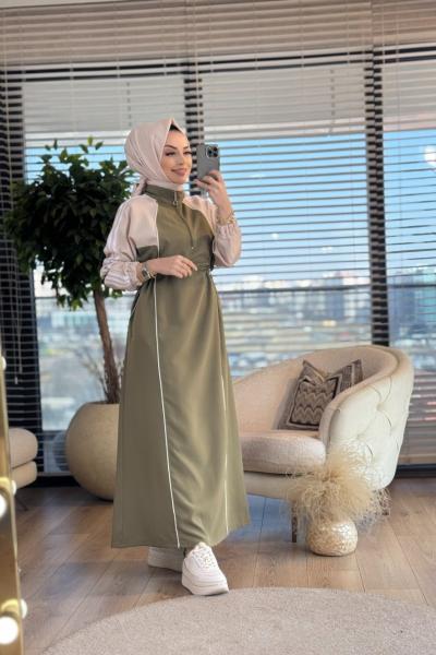 25113 Omuz 3 Sıra Şerit Detaylı Elbise Haki