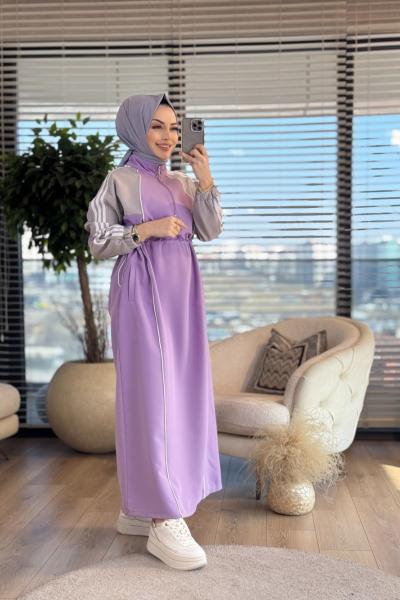 25113 Omuz 3 Sıra Şerit Detaylı Elbise Lila