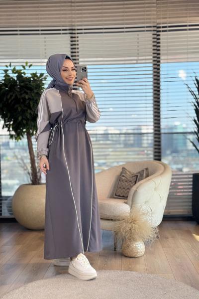 25113 Omuz 3 Sıra Şerit Detaylı Elbise Antrasit