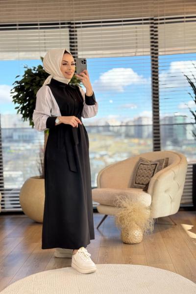 25114 Kolları Çizgili Elbise Siyah