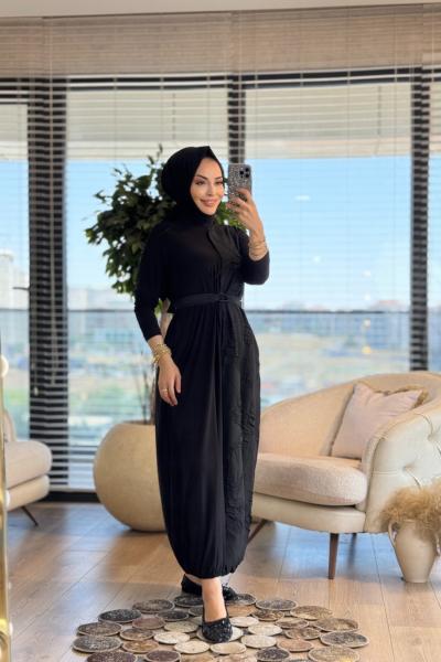 25114 Sağ Taraf Gofre Kabartma Desen Elbise Siyah