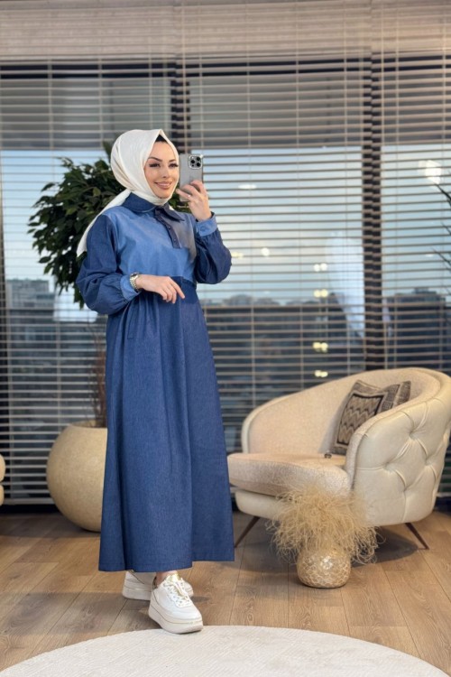 25115 Beli Büzgülü Kot Elbise Lacivert