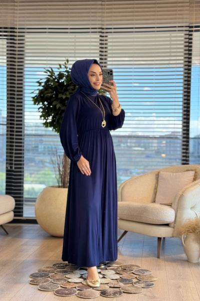 25119 Beli Lastikli Penye Elbise Lacivert