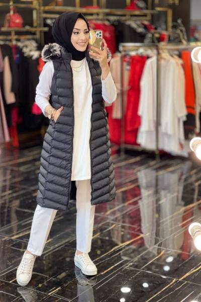 25119 Yakası Kürklü Şişme Yelek Siyah