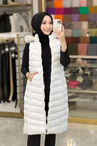 25119 Yakası Kürklü Şişme Yelek Beyaz