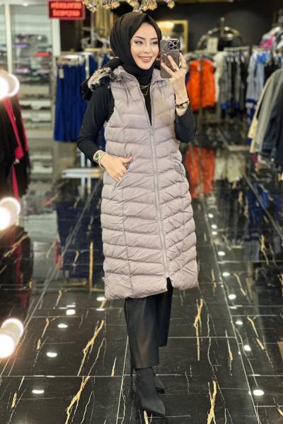 25119 Yakası Kürklü Şişme Yelek Gri