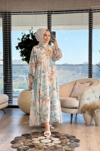 2512-1 Desenli V Yaka Patı Dügmeli Elbise Çağla