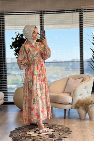 2512-3 Batık Çiçek Desenli Elbise Yeşil