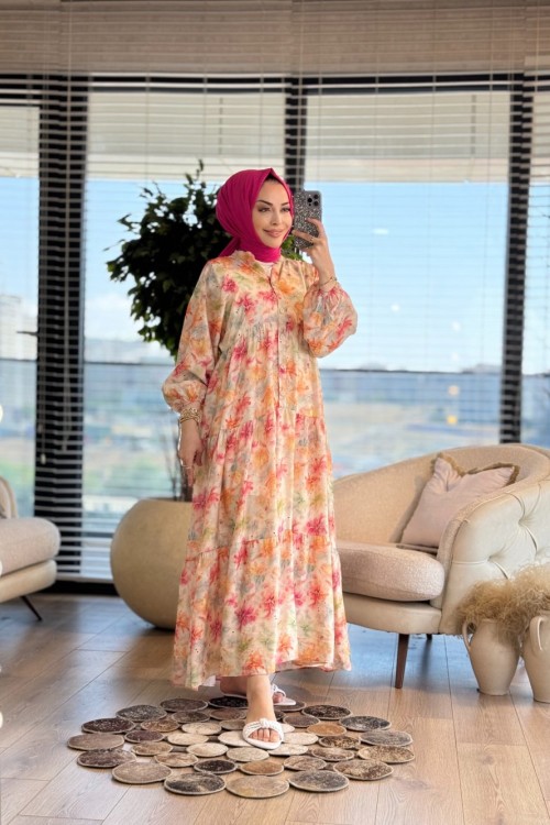 2512-3 Batık Çiçek Desenli Elbise Sarı Fuşya