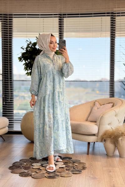 2512 Şal Desenli V Yaka Patı Düğmeli Elbise Çağla