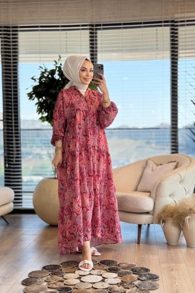 2512 Şal Desenli V Yaka Patı Düğmeli Elbise Mercan