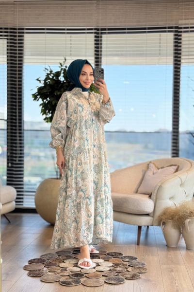 2512 Şal Desenli V Yaka Patı Düğmeli Elbise Bej Benetton