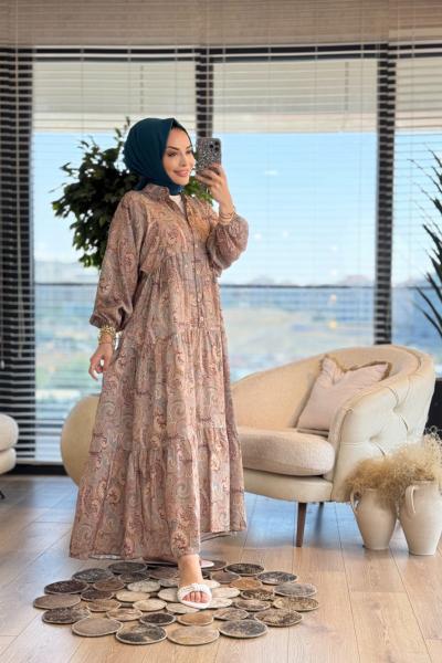 2512 Şal Desenli V Yaka Patı Düğmeli Elbise Kahve Taba