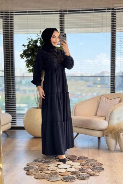 25127 Robası Çiçek Nakışlı Elbise Siyah