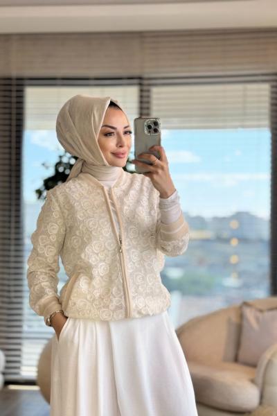 2513-1 Dantel Kordon Nakış Fermuarlı Ceket Bej