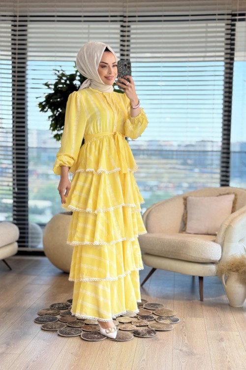 2513 Beş Katlı Desenli Elbise Sarı