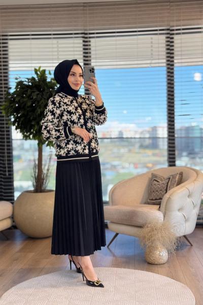 2513 Dantel Fisto Fermuarlı Ceket Siyah Ekru