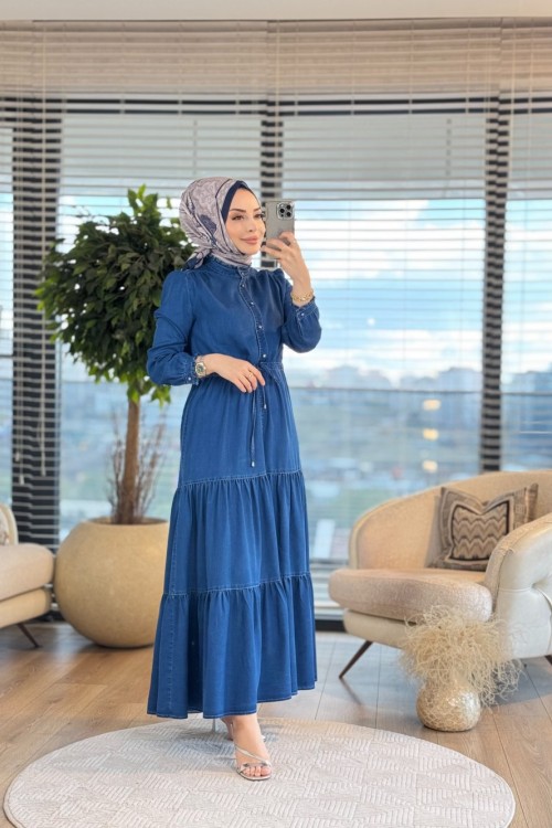 2513 Fırfırlı Kot Elbise Lacivert