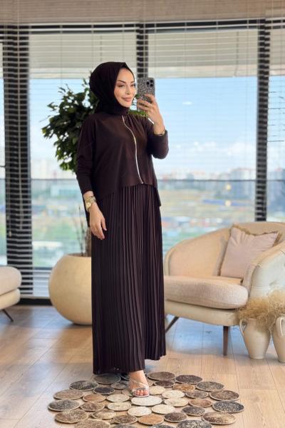 25132 Elbisesi Şifon Piliseli 2li Takım Kahve
