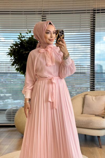 25139 Şifon Eteği Pileli Yaka Bağlamalı Elbise Pembe