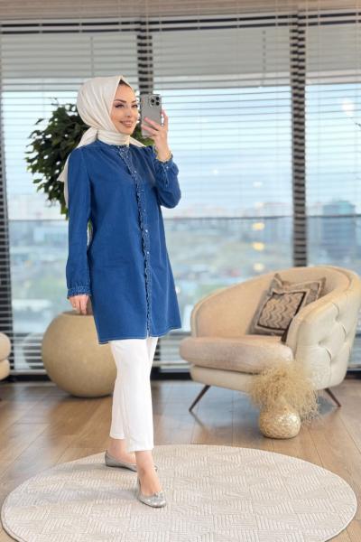 2514 Tencel Fırfırlı Tunik Lacivert