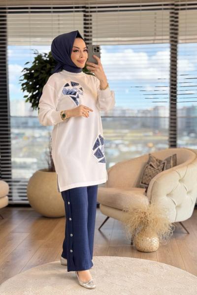 2518 Sağ Kol Sol Paça Yanı Düğmeli Takım Ekru Lacivert