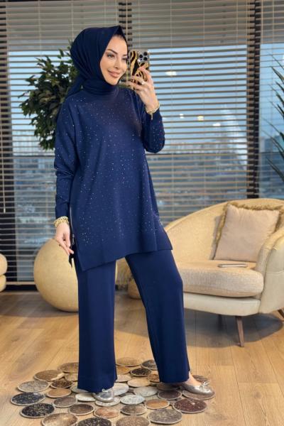 25193 Ön Taş Baskı Yandan Fermuarlı Takım Lacivert