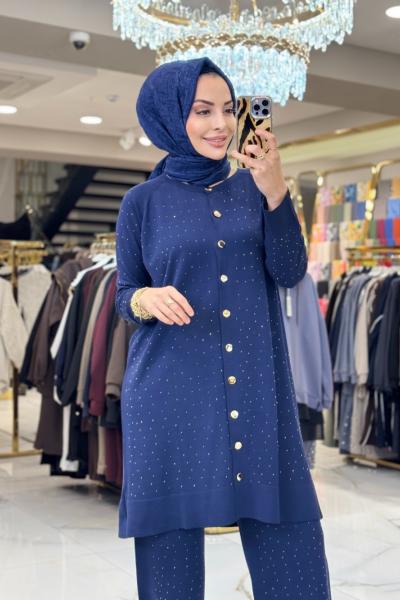 25195 Hırkalı Taşlı Takım Lacivert