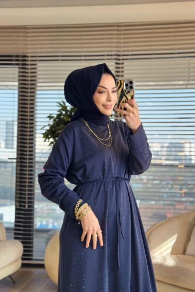 25196 Taş Detaylı Triko Elbise Lacivert