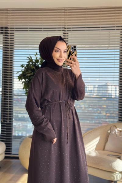 25196 Taş Detaylı Triko Elbise Kahve