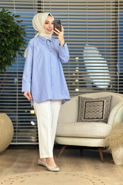 2525 Manşet Yırtmaç Detaylı Çizgili Gömlek Mavi