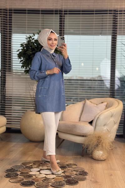 2527 Tencel Yanları Taş Detaylı Gömlek Mavi