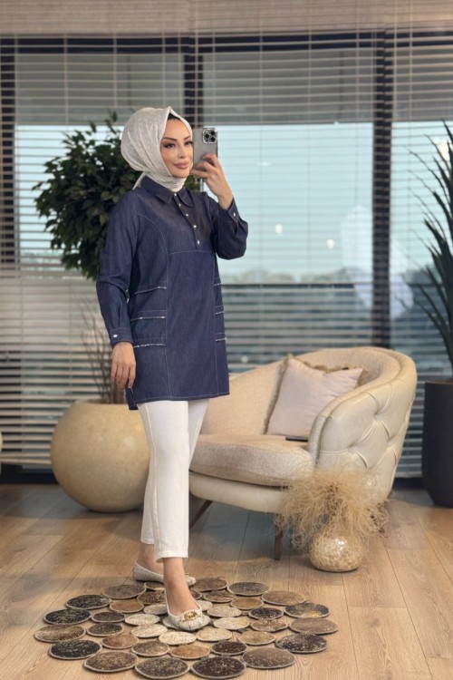 2527 Tencel Yanları Taş Detaylı Gömlek Lacivert