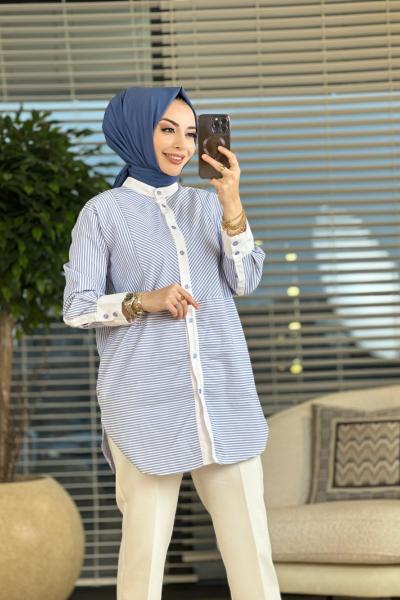 2529 Verev Çizgili Hakim Yaka Gömlek Mavi