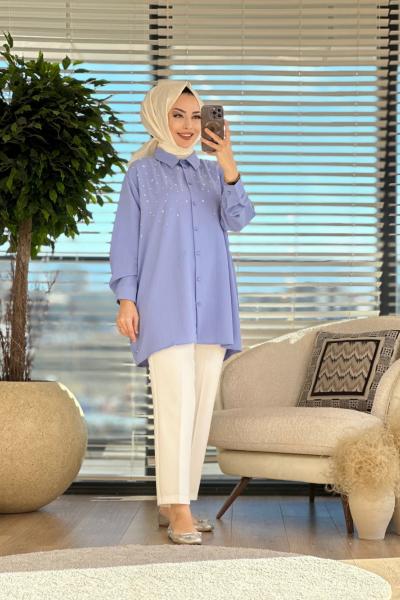 2530 Serpme Taş Detaylı Gömlek İndigo