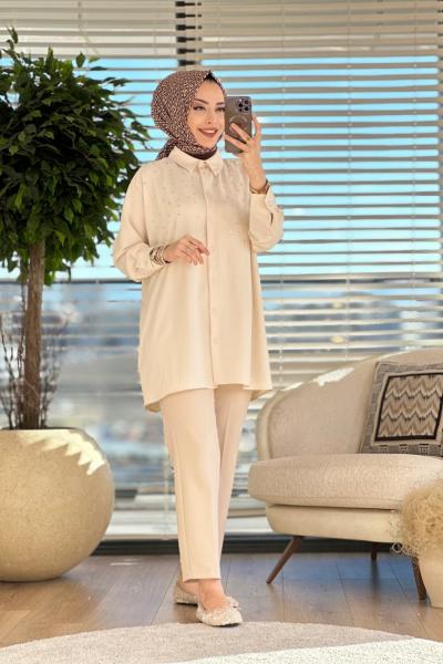 2530 Serpme Taş Detaylı Gömlek Bej