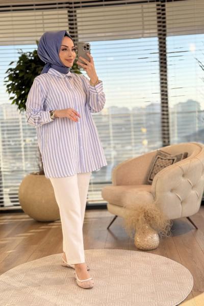 2532 Çizgili Dökümlü Gömlek Mavi