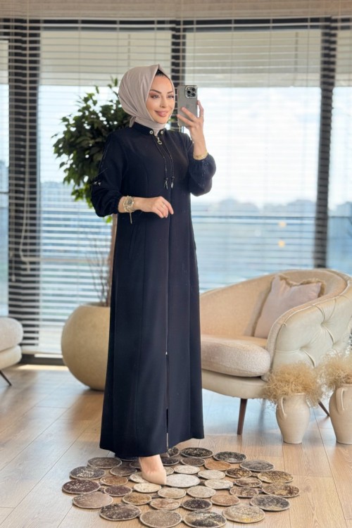 2535 Kolu Şeritli Pardesü Siyah