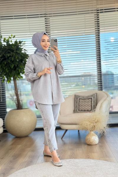 2535 Roba Sarkıt Taş Detaylı Gömlek Gri