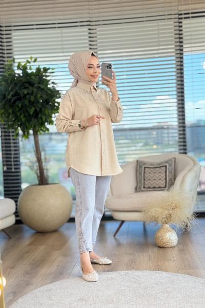 2535 Roba Sarkıt Taş Detaylı Gömlek Bej
