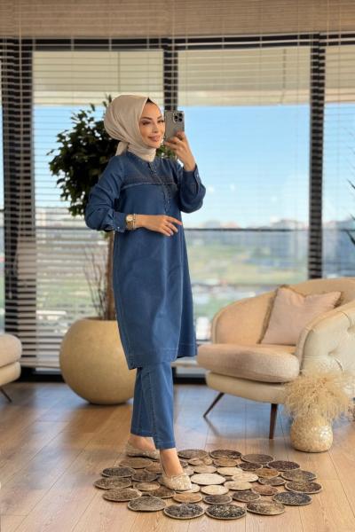 2537 Tencel Roba Saçak Ve Dikişli Takım Mavi