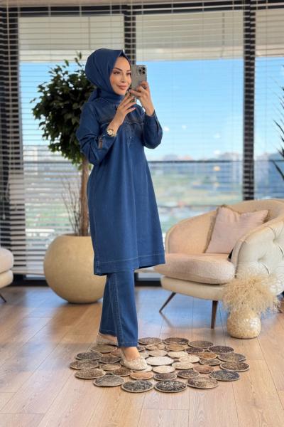 2537 Tencel Roba Saçak Ve Dikişli Takım Lacivert