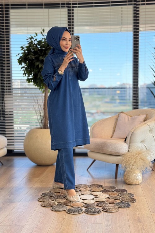 2537 Tencel Roba Saçak Ve Dikişli Takım Lacivert