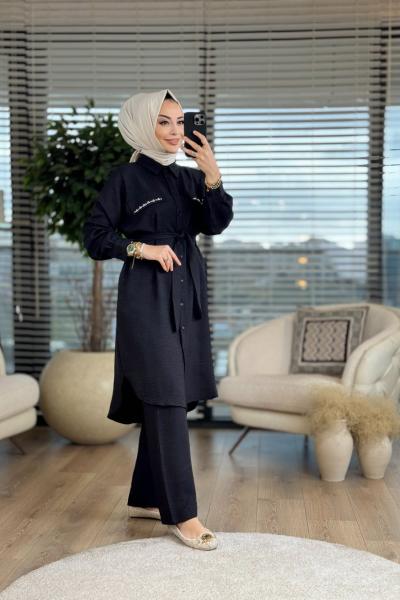 2538 Cep Kapağı Taş İşleme Keten Takım Siyah