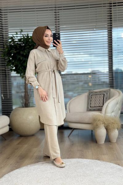 2538 Cep Kapağı Taş İşleme Keten Takım Bej