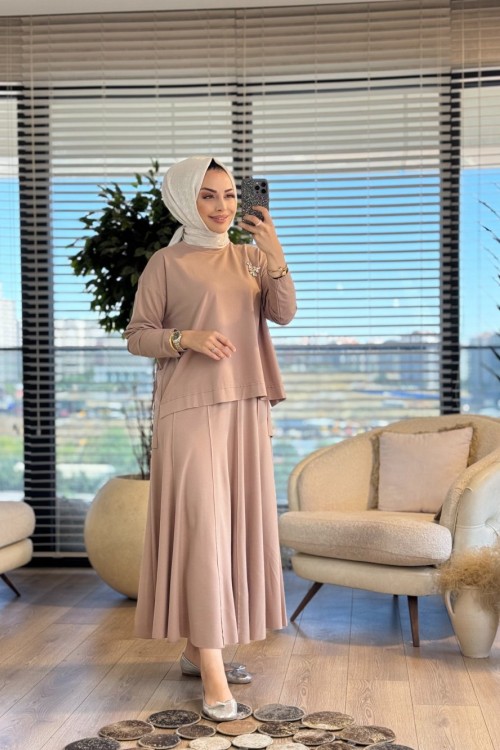 25425 Etegi Dikiş Detaylı Takım Vizon